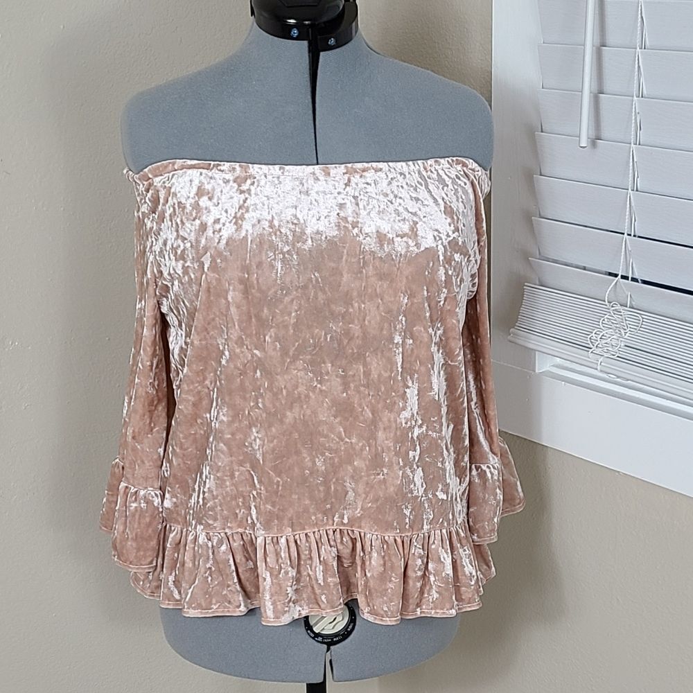 Sanctuary Blush Pink Velvet Top Off Shoulder Velvet Bell Sleeves